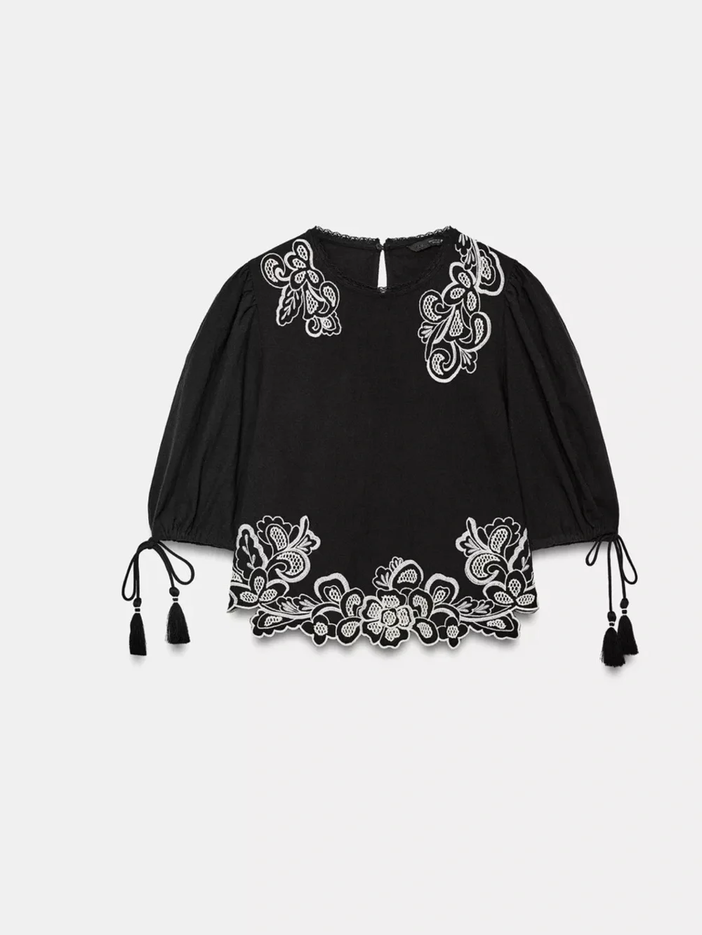Zara Black Blouse with White Floral Embroidery